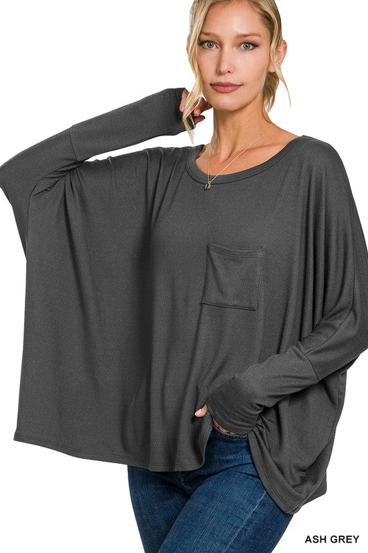 Dolman Sleeve Round Neck Top with Front Pocket