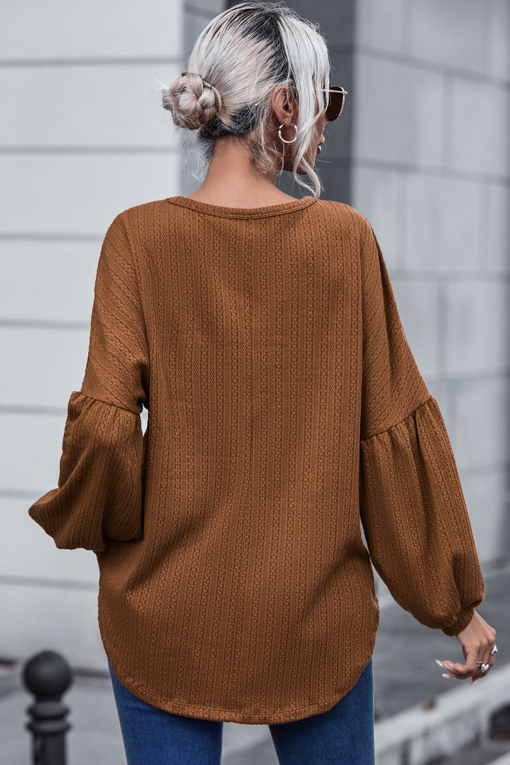 Faux Knit Jacquard Puffy Long Sleeve Top